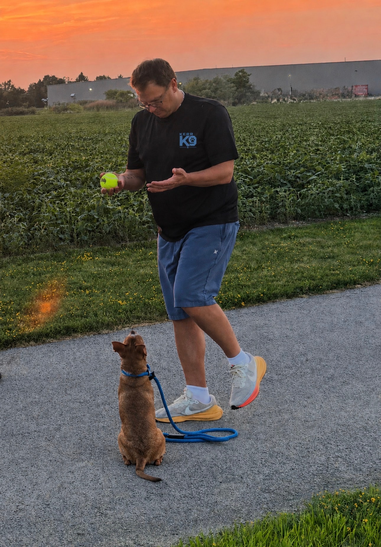 Tyson Kerr training a dog at sunset
